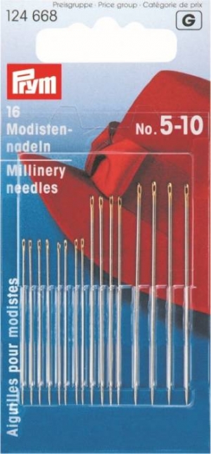 124668 - Millinery Needles HT 5-10 silver col with gold eye assorted