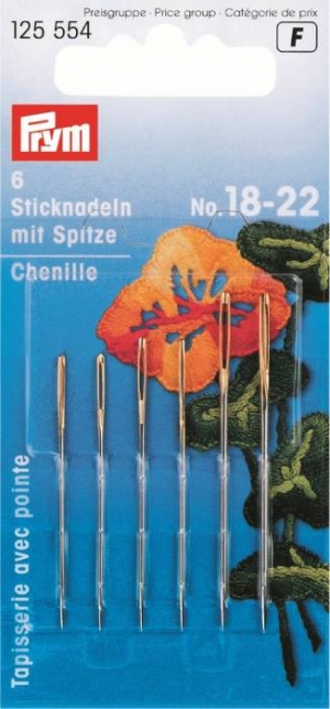 125554 - Embroidery Needles Chenille sharp pt. No. 18-22 si-col gold eye ass.