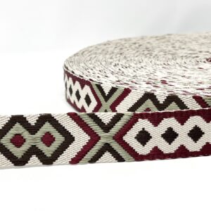 dw1974-35-BR, BULK ROLL, 38mm tribal webbing, burgundy/khaki/ecru, 45m